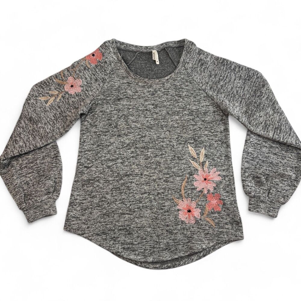 Roper Floral Sweater Womens Medium Heathered Gray Fleece Embroidered Flowers